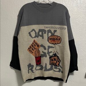Grey and Cream Denim Graphic Crewneck Sweater